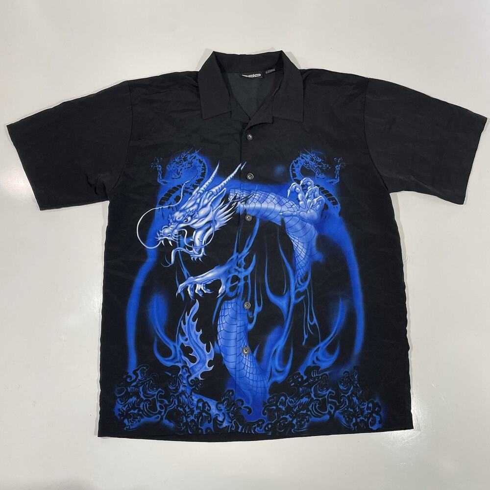 Vintage ODO Shirt Men’s L Black Blue Dragon Print *Missing Button Y2K